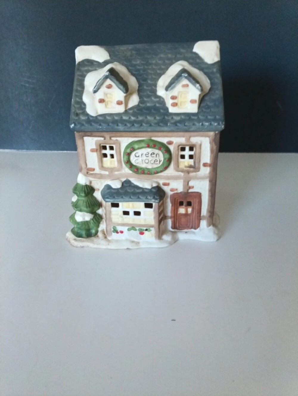 Festive Ceramic Holiday House Figurine - White and Green